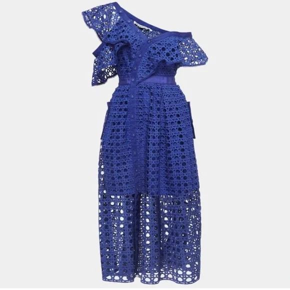 NWT LUXE Self Portrait Replica Navy One Shoulder Guipure Lace Midi Dress sz 8 - Picture 3 of 14